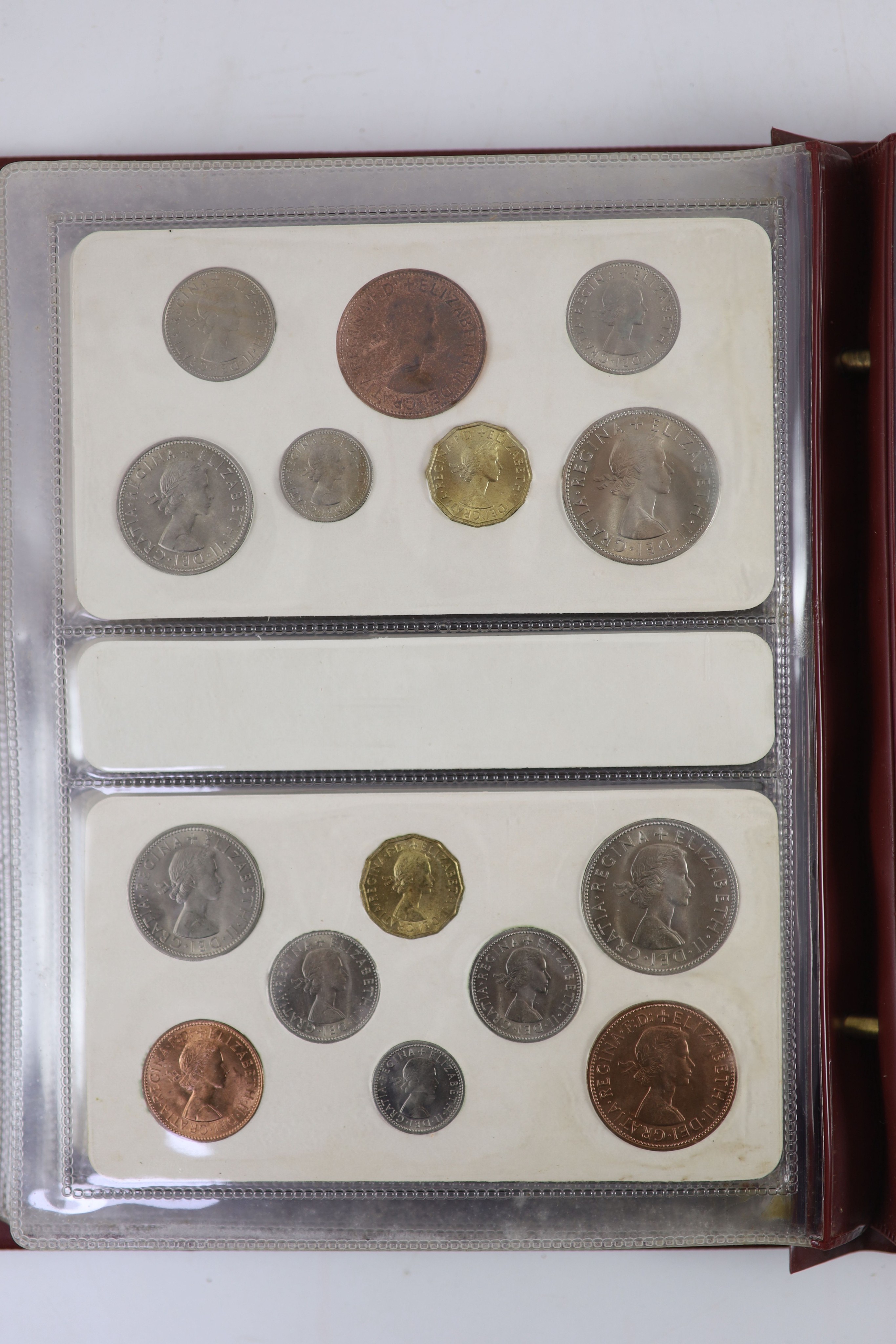 Queen Elizabeth II pre-decimal specimen coin sets for 1953 - 1967, first and second issues, all EF/UNC (15 sets), including 1954, 1957-1959 halfcrowns, florins and shillings, scarce in high grade